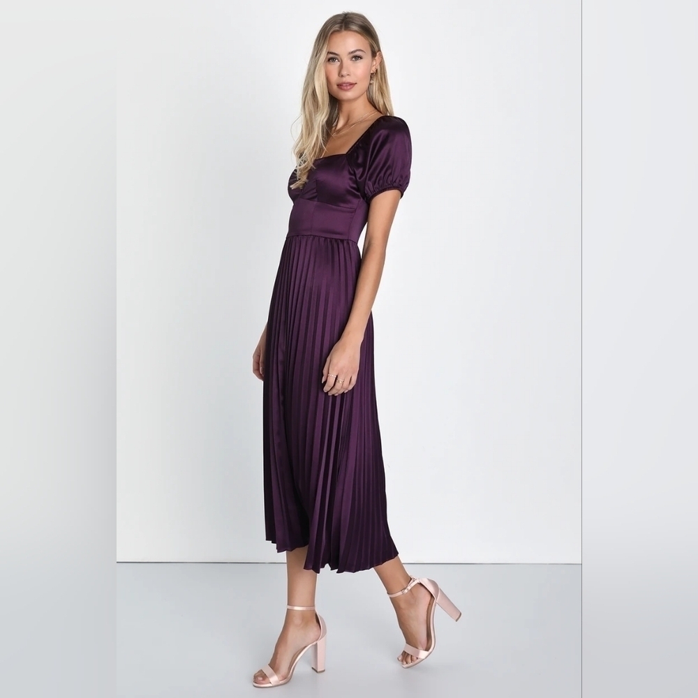 Lulus Flawless Forever Dark Purple Satin Pleated Midi Dress M Wedding Party Prom - Picture 4 of 9